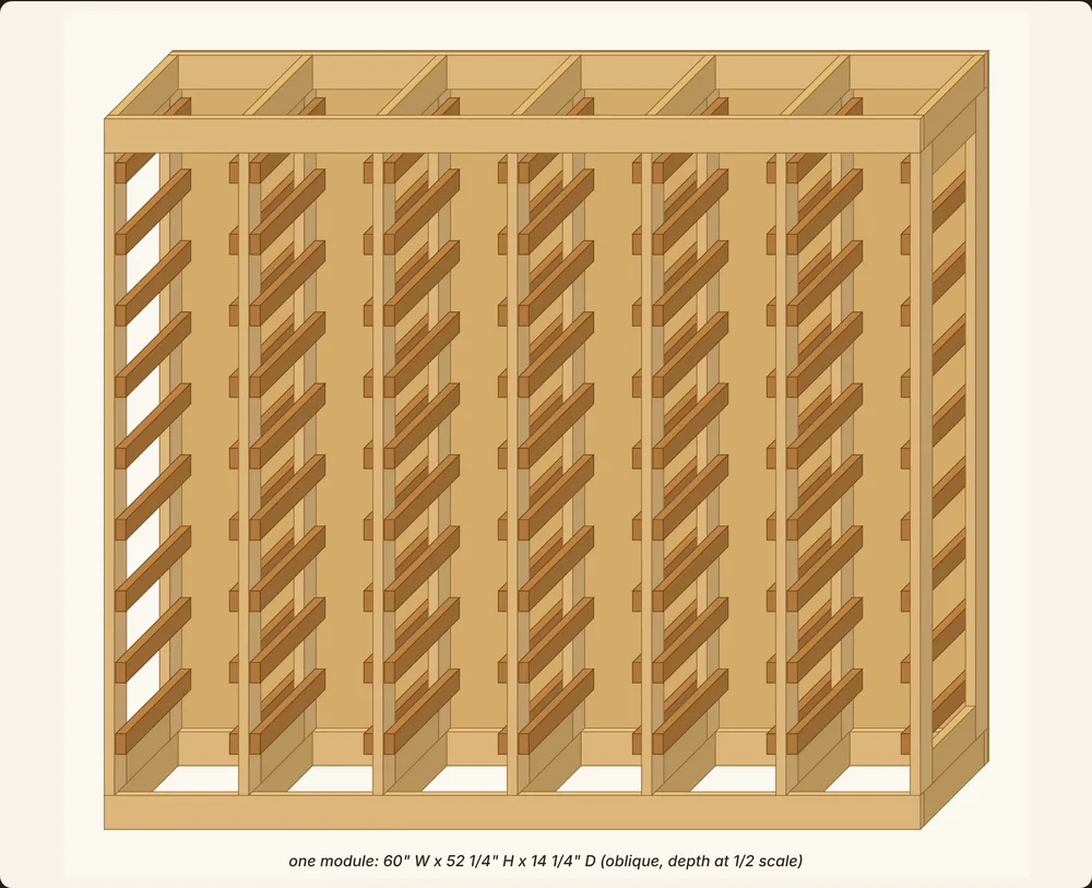 3D view of one rack module built with ladder-frame uprights and rails for each row of totes.