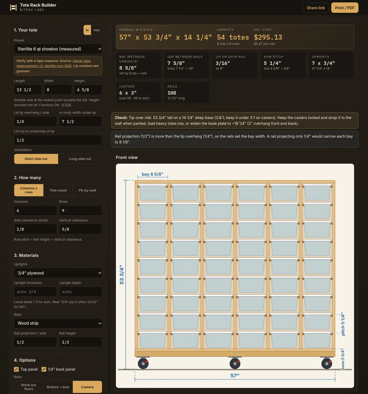 Tote Rack Builder: tote size and material settings on the left, overall size, tote count and estimated cost up top, and a measured front view of a 6 by 9 rack on casters.